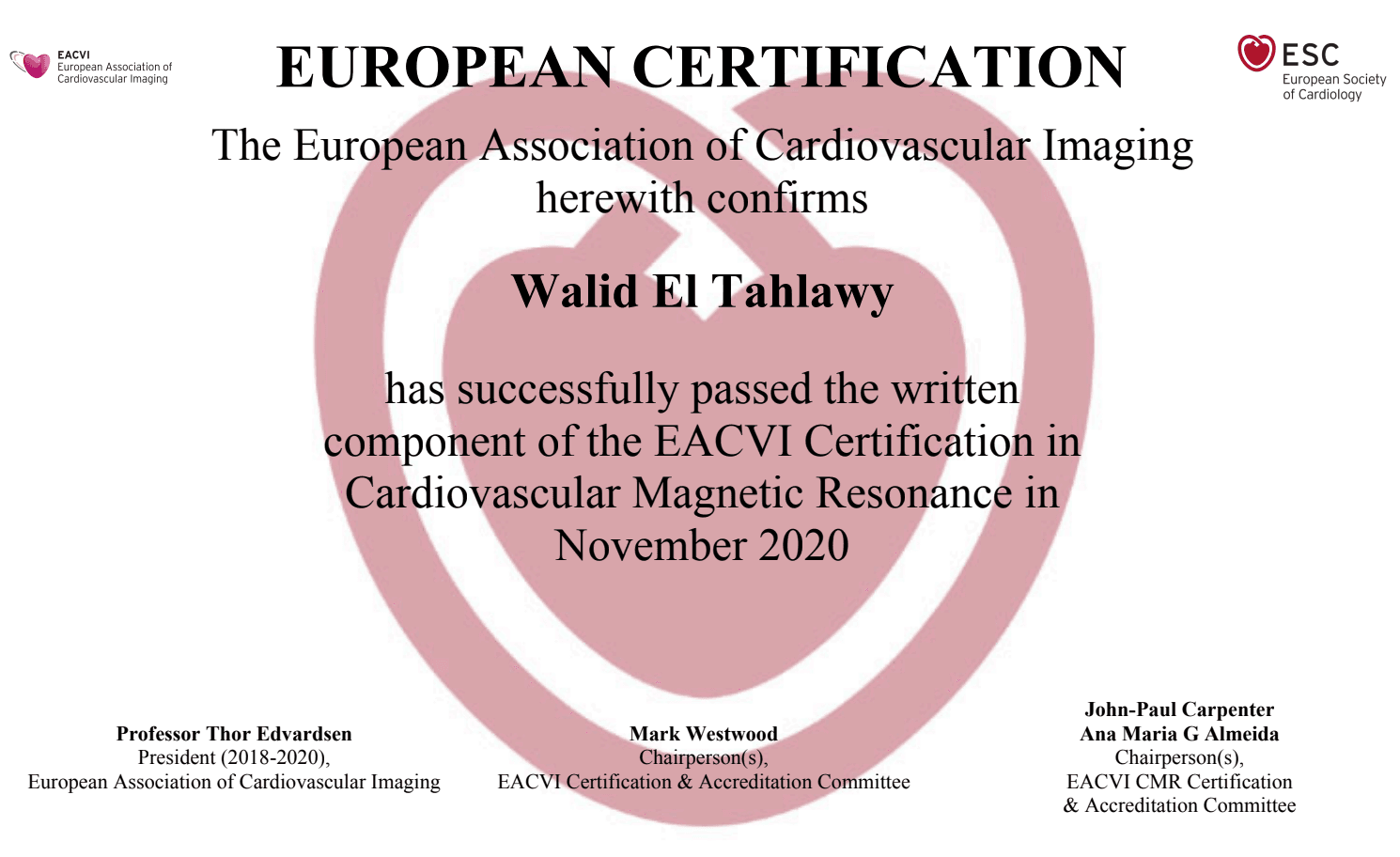 EACVI Certification in Cardiovascular Magnetic Resonance (CMR)