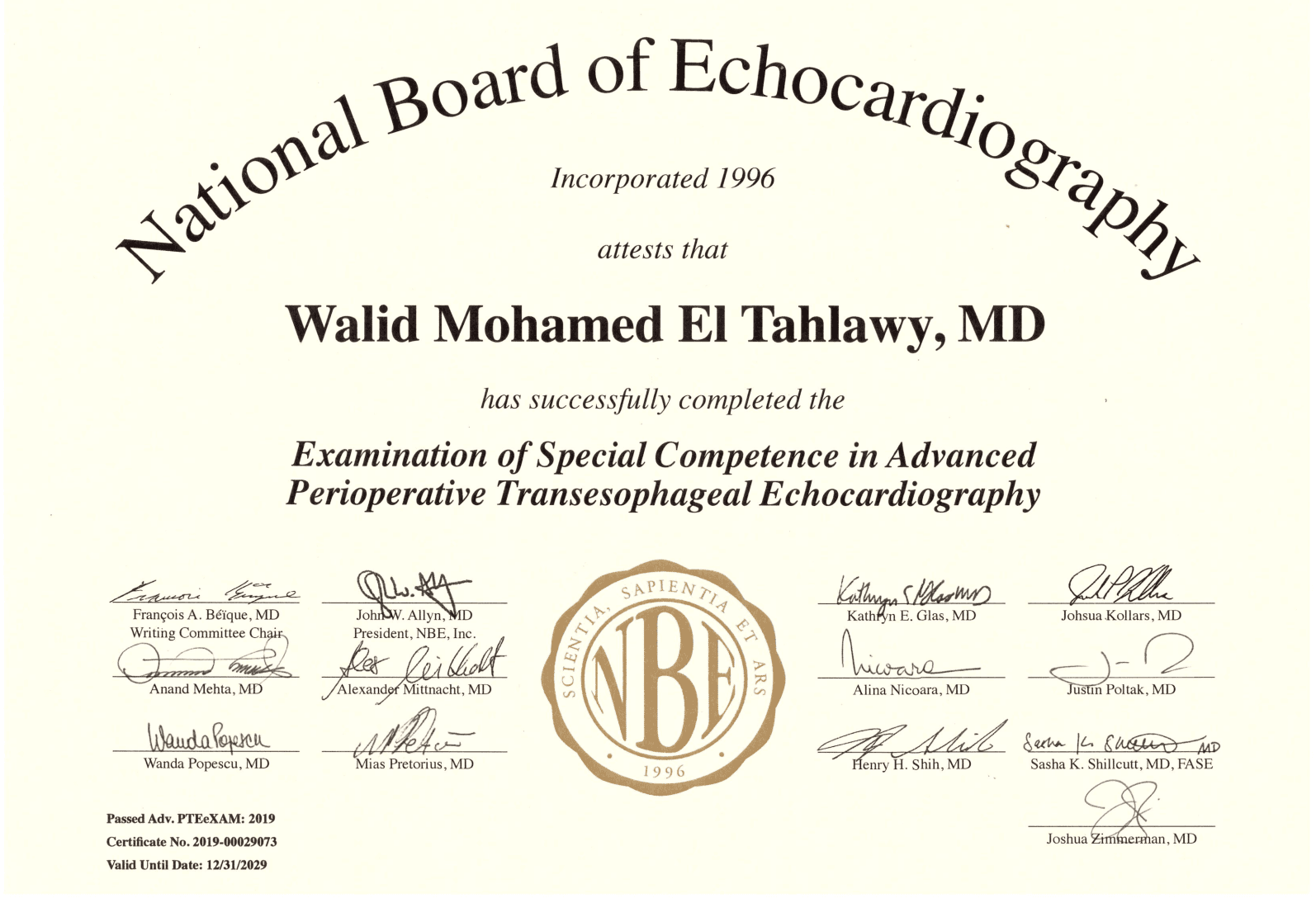Advanced Perioperative Echocardiography Certification